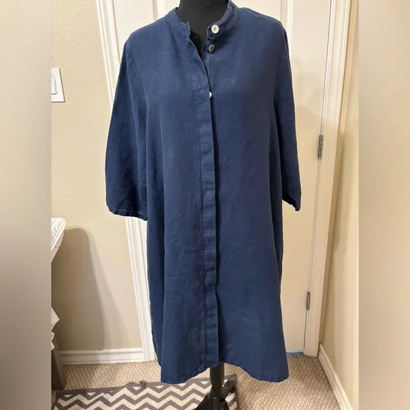 Bryn Walker Dress Linen Large Blue Long Shirt  Tunic Pockets Made in USA Lagen - Picture 15 of 16